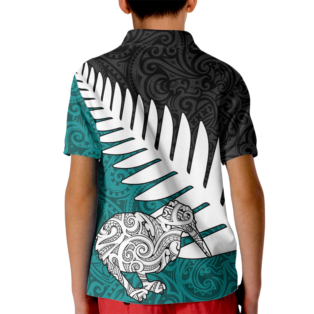 Aotearoa New Zealand Kid Polo Shirt Silver Fern Kiwi Bird and NZ Map with Maori Tribal Turquoise Style LT03 - Polynesian Pride