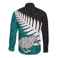Aotearoa New Zealand Long Sleeve Button Shirt Silver Fern Kiwi Bird and NZ Map with Maori Tribal Turquoise Style LT03 - Polynesian Pride