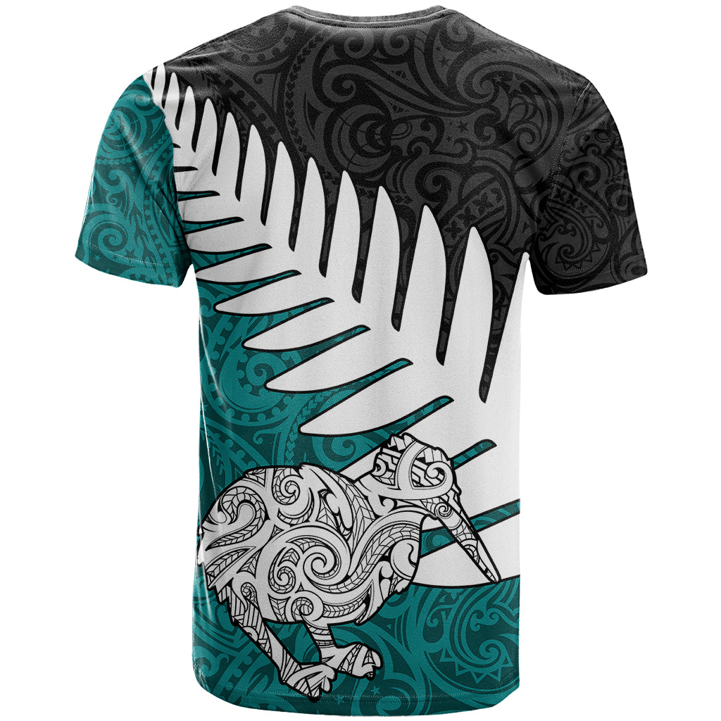 Aotearoa New Zealand T Shirt Silver Fern Kiwi Bird and NZ Map with Maori Tribal Turquoise Style LT03 - Polynesian Pride