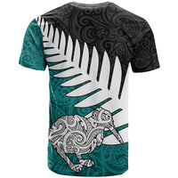Aotearoa New Zealand T Shirt Silver Fern Kiwi Bird and NZ Map with Maori Tribal Turquoise Style LT03 - Polynesian Pride