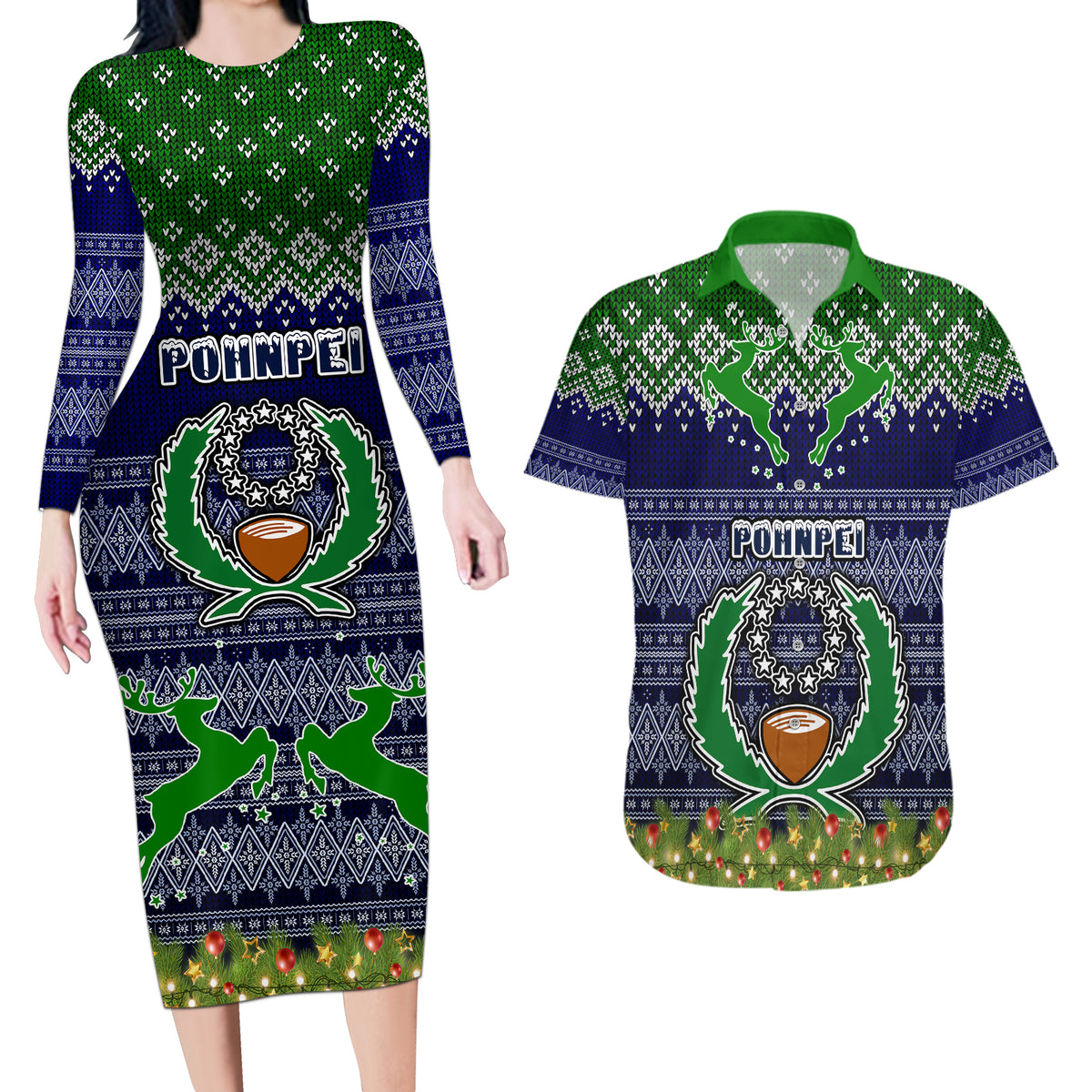 pohnpei-state-christmas-couples-matching-long-sleeve-bodycon-dress-and-hawaiian-shirt-coat-of-arms-beautiful-merry-xmas-snowflake
