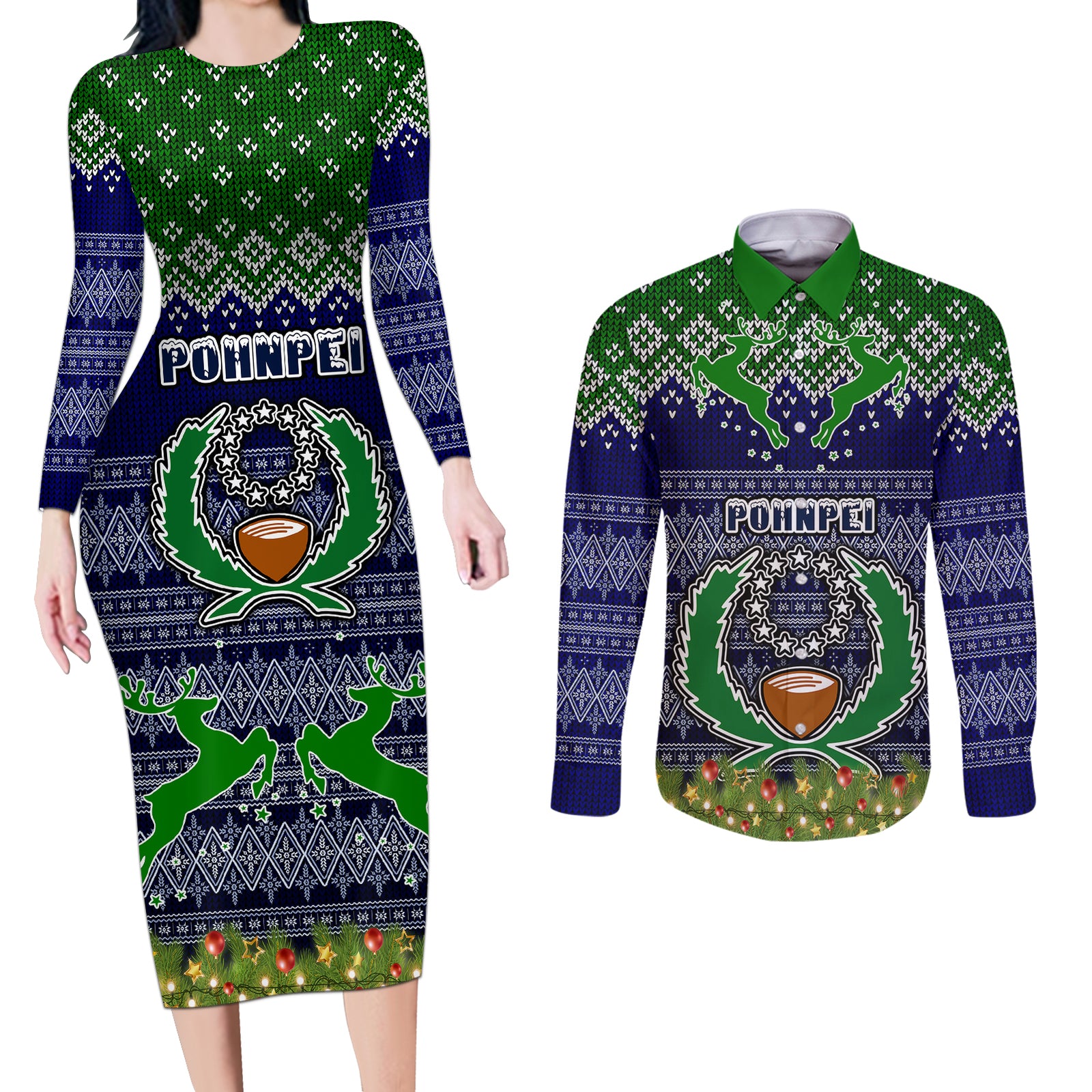 pohnpei-state-christmas-couples-matching-long-sleeve-bodycon-dress-and-long-sleeve-button-shirts-coat-of-arms-beautiful-merry-xmas-snowflake