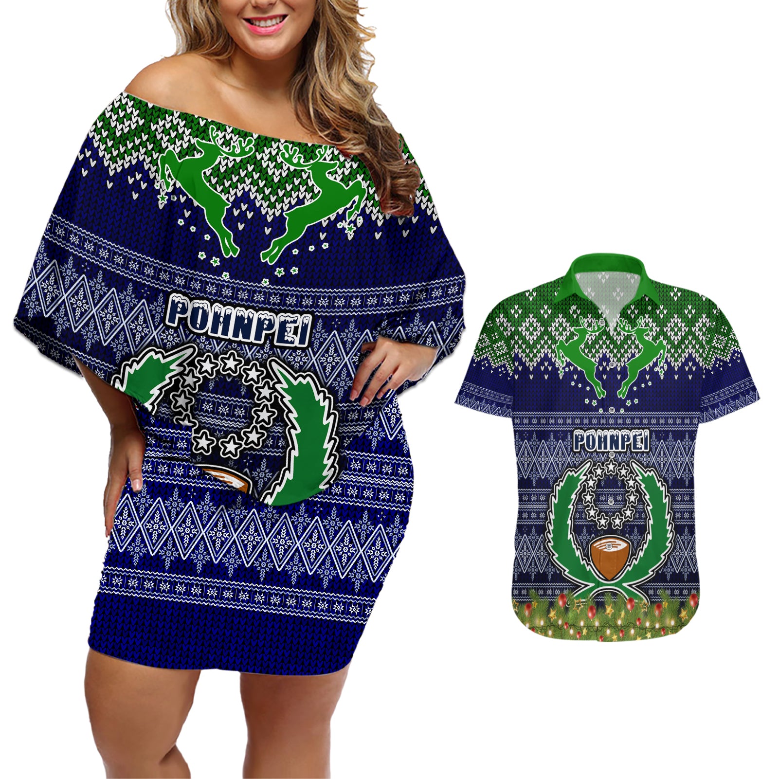pohnpei-state-christmas-couples-matching-off-shoulder-short-dress-and-hawaiian-shirt-coat-of-arms-beautiful-merry-xmas-snowflake