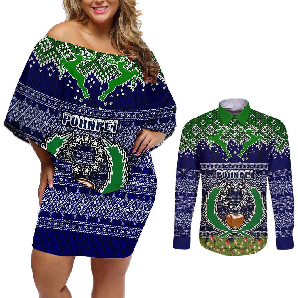 pohnpei-state-christmas-couples-matching-off-shoulder-short-dress-and-long-sleeve-button-shirts-coat-of-arms-beautiful-merry-xmas-snowflake