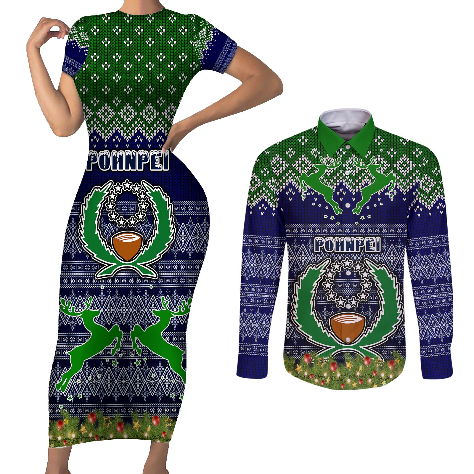 pohnpei-state-christmas-couples-matching-short-sleeve-bodycon-dress-and-long-sleeve-button-shirts-coat-of-arms-beautiful-merry-xmas-snowflake