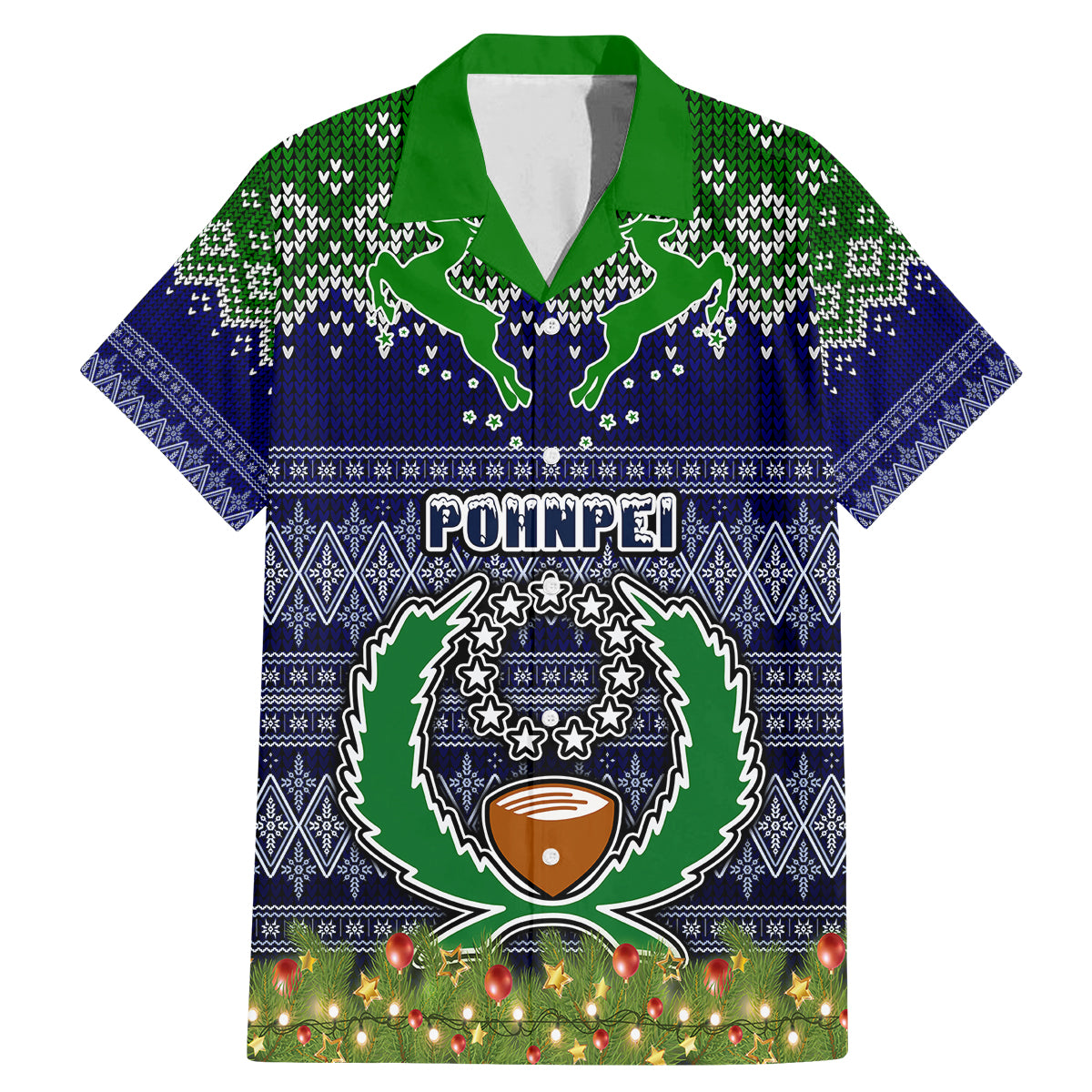 Pohnpei State Christmas Family Matching Mermaid Dress and Hawaiian Shirt Coat of Arms Beautiful Merry Xmas Snowflake LT03 Dad's Shirt - Short Sleeve Blue - Polynesian Pride