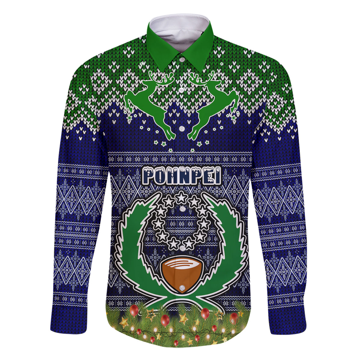 Pohnpei State Christmas Family Matching Mermaid Dress and Hawaiian Shirt Coat of Arms Beautiful Merry Xmas Snowflake LT03 Dad's Shirt - Long Sleeve Blue - Polynesian Pride