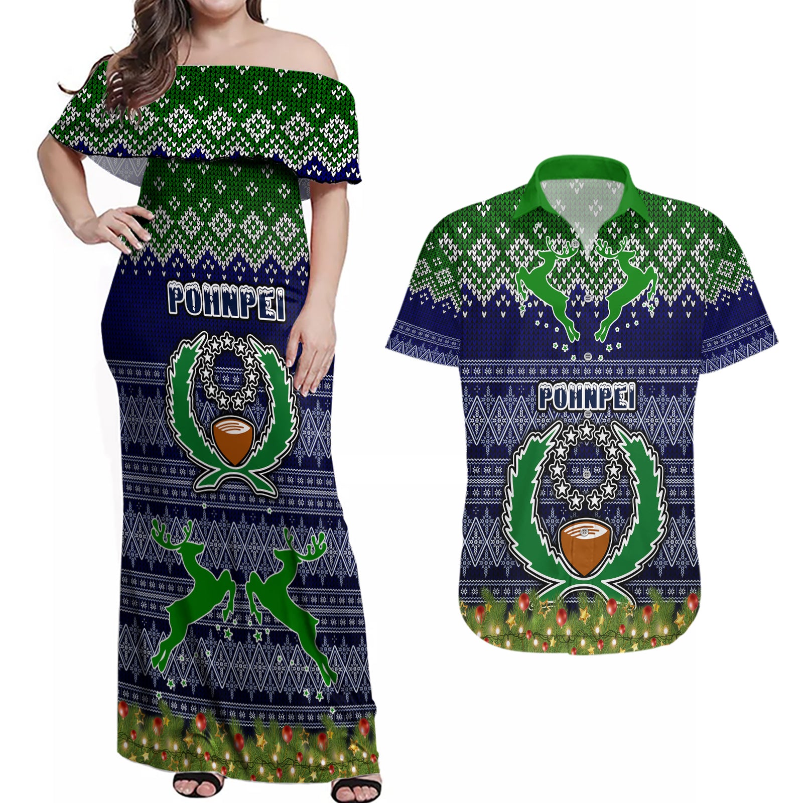 personalised-pohnpei-state-christmas-couples-matching-off-shoulder-maxi-dress-and-hawaiian-shirt-coat-of-arms-beautiful-merry-xmas-snowflake