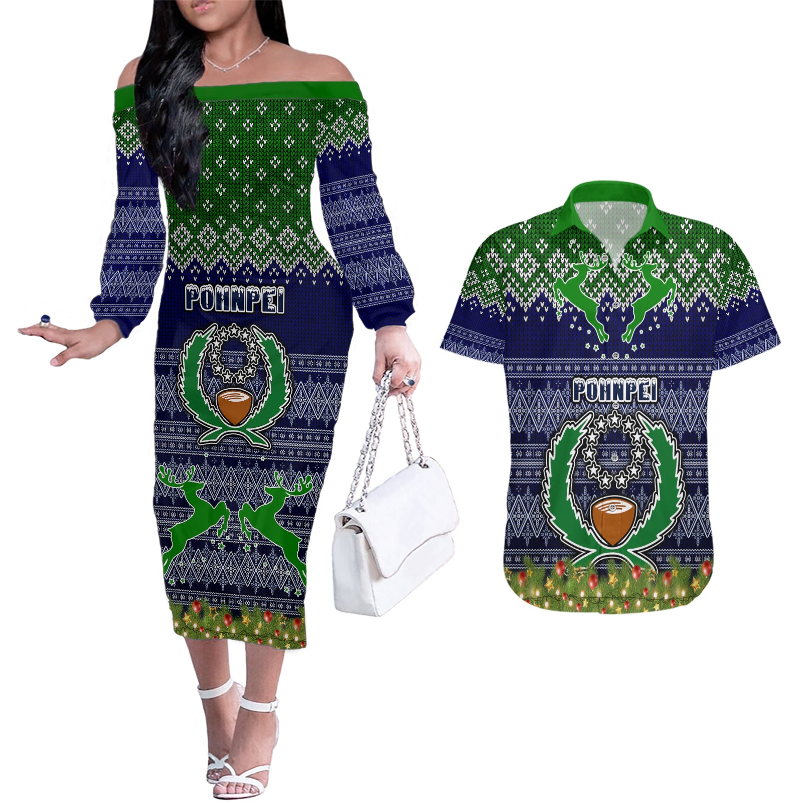 personalised-pohnpei-state-christmas-couples-matching-off-the-shoulder-long-sleeve-dress-and-hawaiian-shirt-coat-of-arms-beautiful-merry-xmas-snowflake
