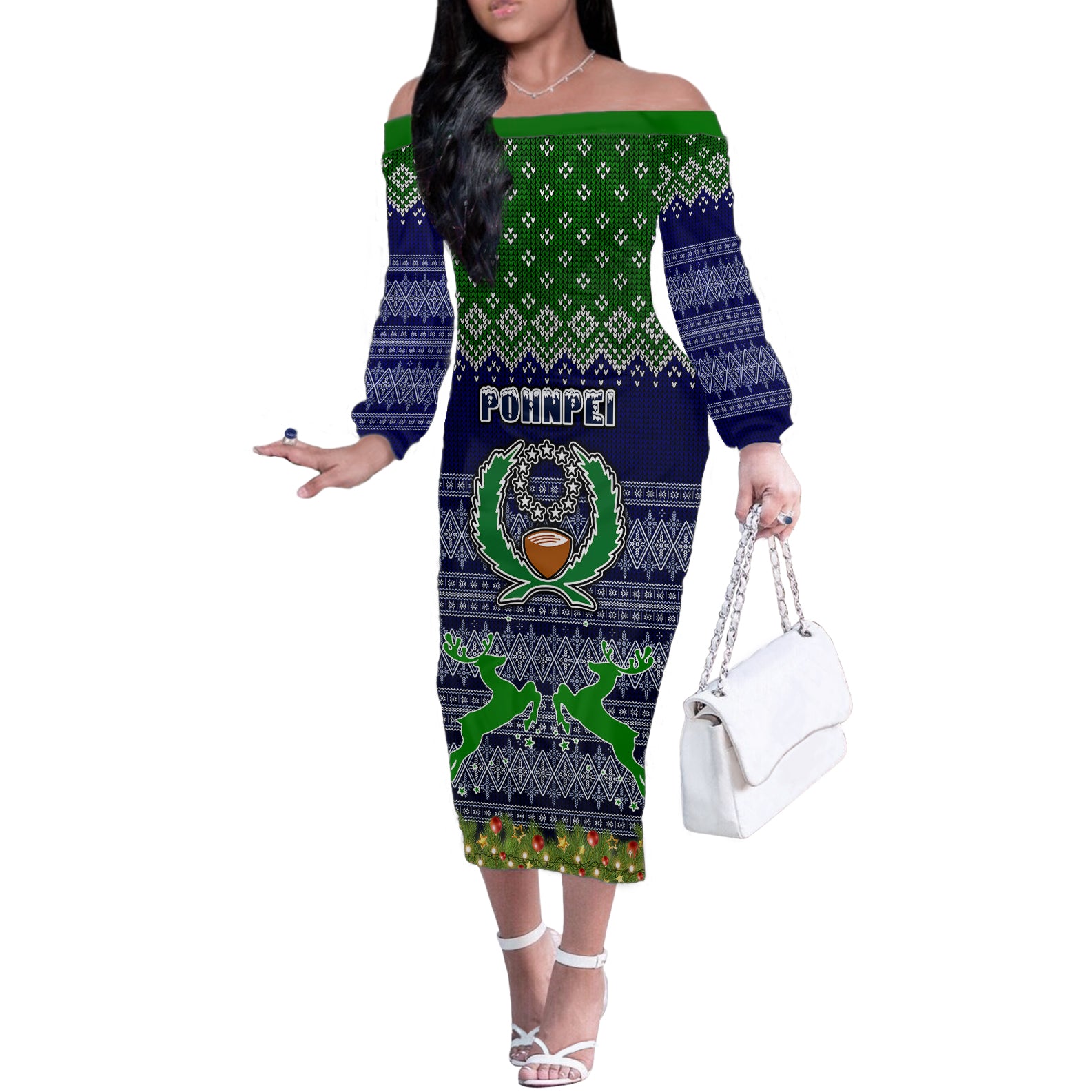 personalised-pohnpei-state-christmas-off-the-shoulder-long-sleeve-dress-coat-of-arms-beautiful-merry-xmas-snowflake