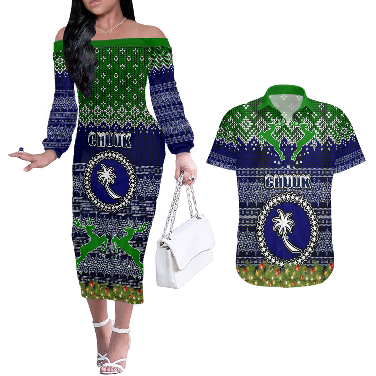 chuuk-state-christmas-couples-matching-off-the-shoulder-long-sleeve-dress-and-hawaiian-shirt-coat-of-arms-beautiful-merry-xmas-snowflake