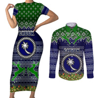 chuuk-state-christmas-couples-matching-short-sleeve-bodycon-dress-and-long-sleeve-button-shirts-coat-of-arms-beautiful-merry-xmas-snowflake