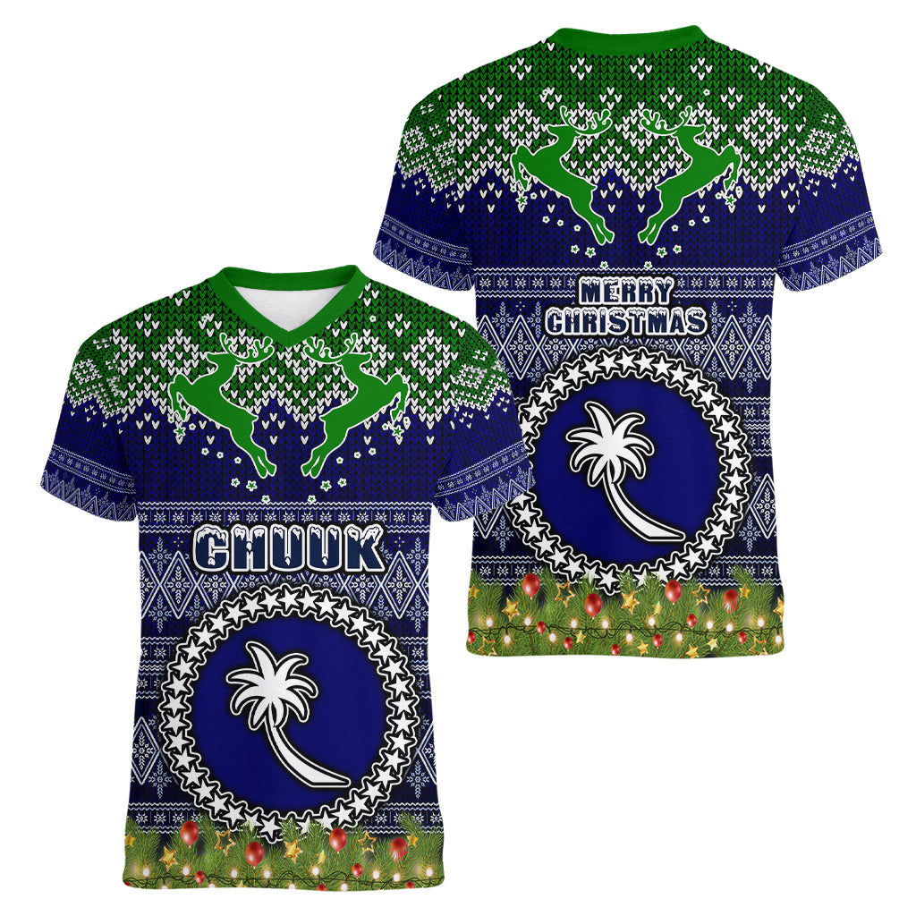 chuuk-state-christmas-women-v-neck-t-shirt-coat-of-arms-beautiful-merry-xmas-snowflake