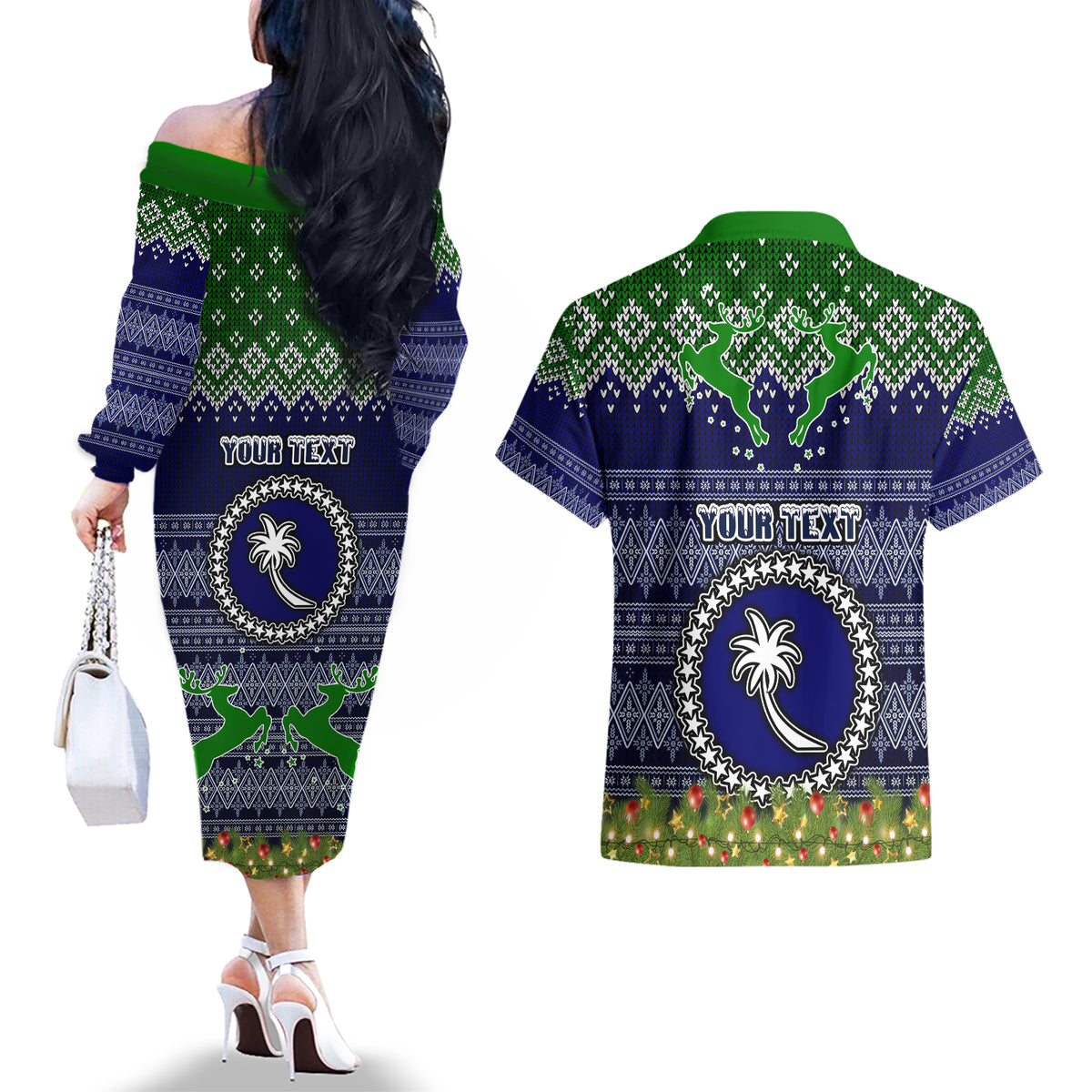 personalised-chuuk-state-christmas-couples-matching-off-the-shoulder-long-sleeve-dress-and-hawaiian-shirt-coat-of-arms-beautiful-merry-xmas-snowflake