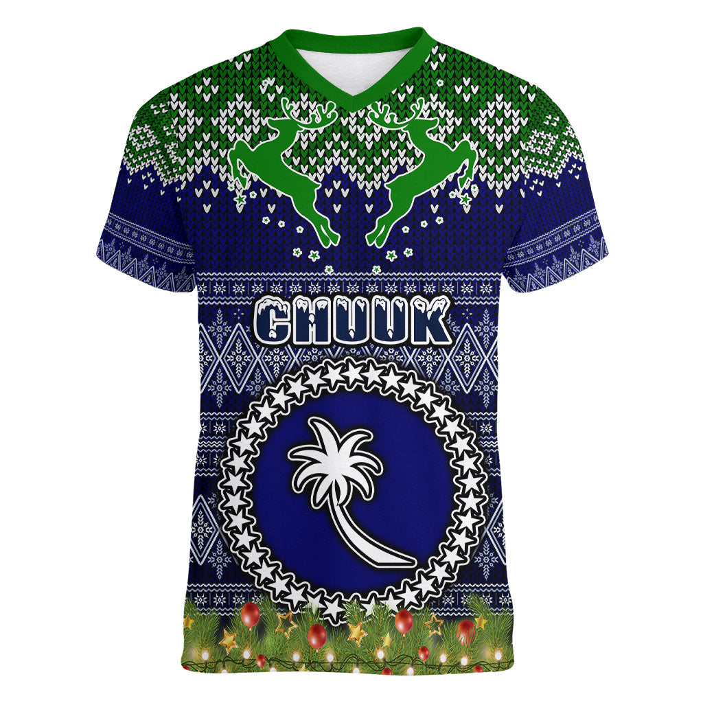 personalised-chuuk-state-christmas-women-v-neck-t-shirt-coat-of-arms-beautiful-merry-xmas-snowflake