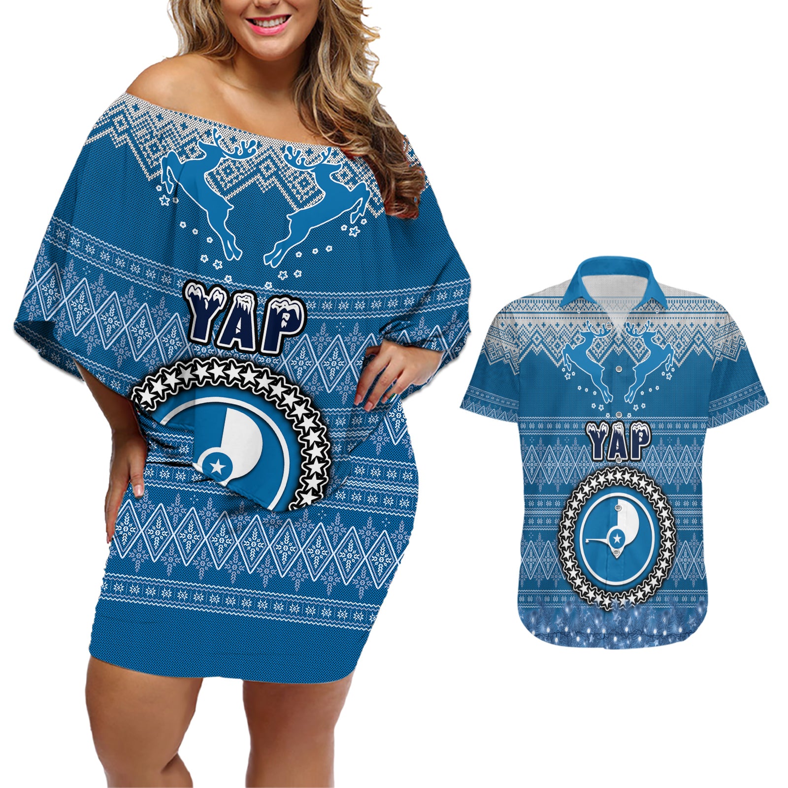yap-christmas-couples-matching-off-shoulder-short-dress-and-hawaiian-shirt-coat-of-arms-beautiful-merry-xmas-snowflake