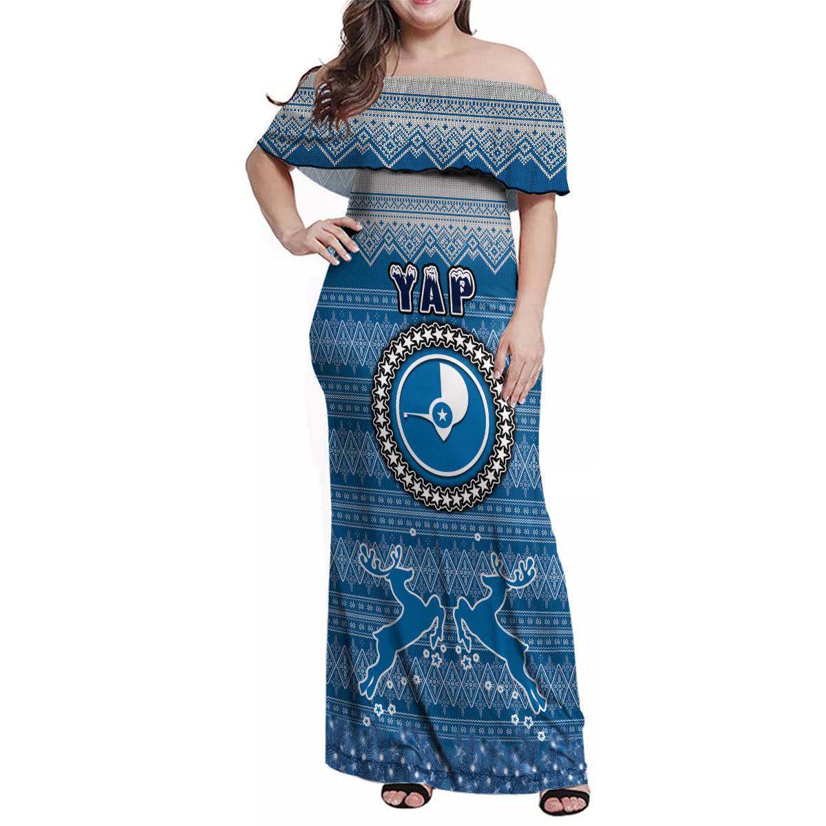 Yap Christmas Family Matching Off Shoulder Maxi Dress and Hawaiian Shirt Coat of Arms Beautiful Merry Xmas Snowflake LT03 Dad's Shirt - Long Sleeve Blue - Polynesian Pride