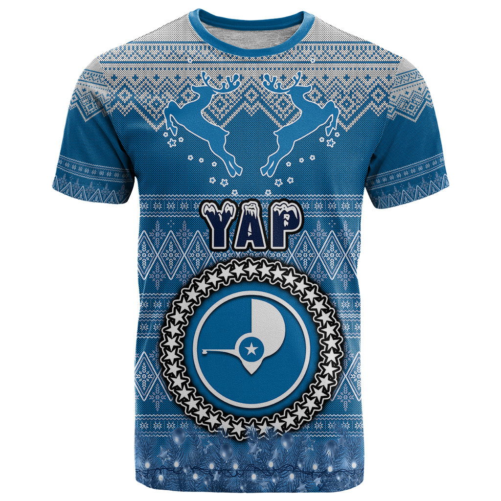 Yap Christmas T Shirt Coat of Arms Beautiful Merry Xmas Snowflake LT03 Blue - Polynesian Pride