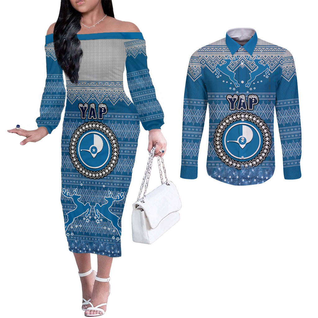 personalised-yap-christmas-couples-matching-off-the-shoulder-long-sleeve-dress-and-long-sleeve-button-shirts-coat-of-arms-beautiful-merry-xmas-snowflake