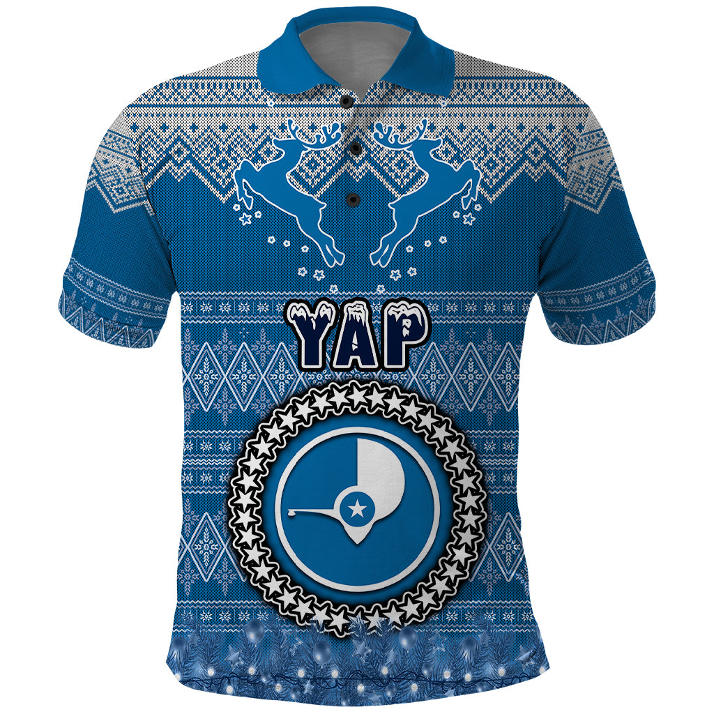 Personalised Yap Christmas Polo Shirt Coat of Arms Beautiful Merry Xmas Snowflake LT03 Blue - Polynesian Pride