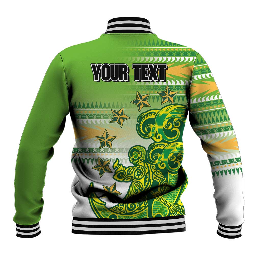 Personalised Cook Islands Va'a Race Baseball Jacket Te Tatau Tattoos Sporty Style Green-White Color - Polynesian Pride