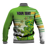 Personalised Cook Islands Va'a Race Baseball Jacket Te Tatau Tattoos Sporty Style Green-White Color - Polynesian Pride