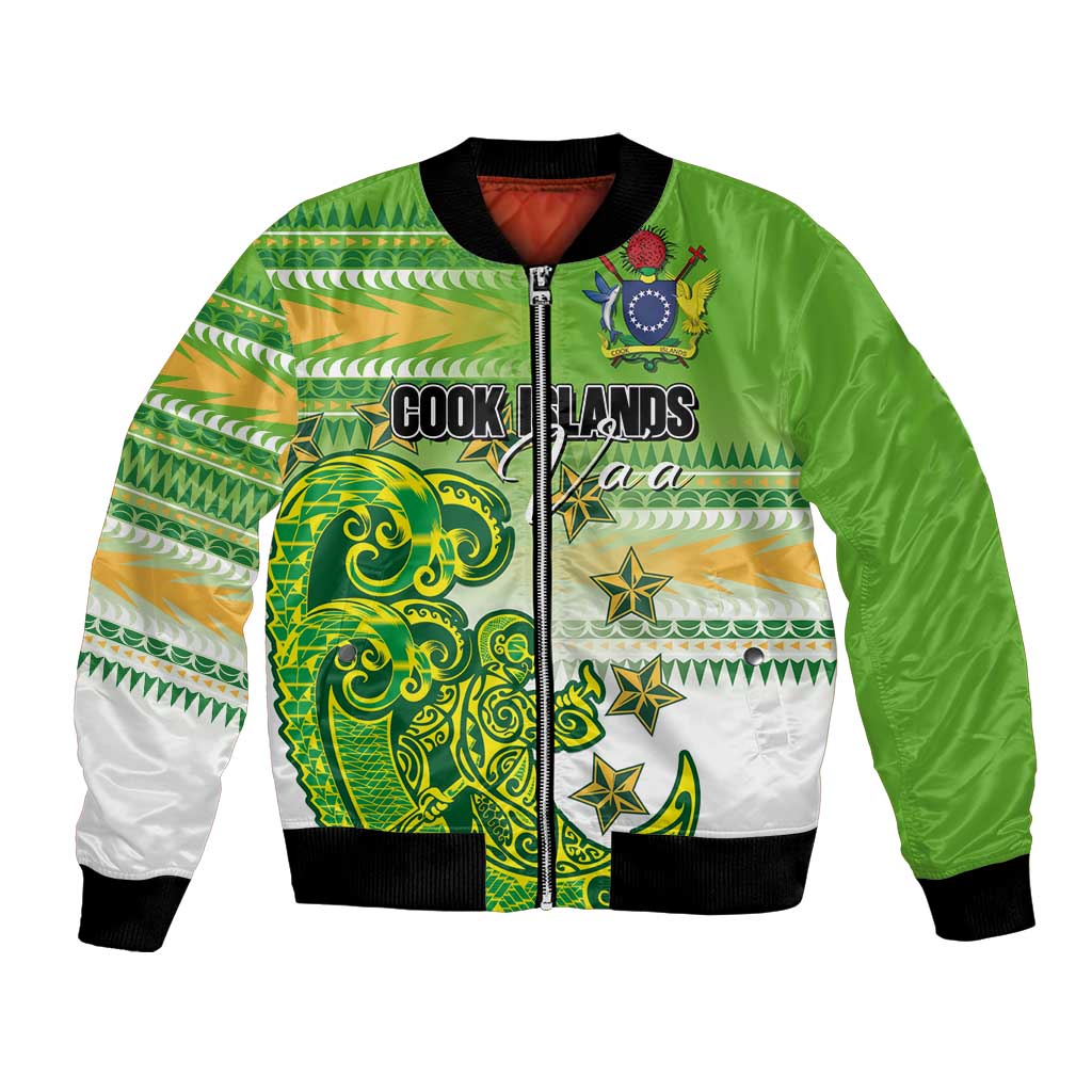 Personalised Cook Islands Va'a Race Bomber Jacket Te Tatau Tattoos Sporty Style Green-White Color - Polynesian Pride