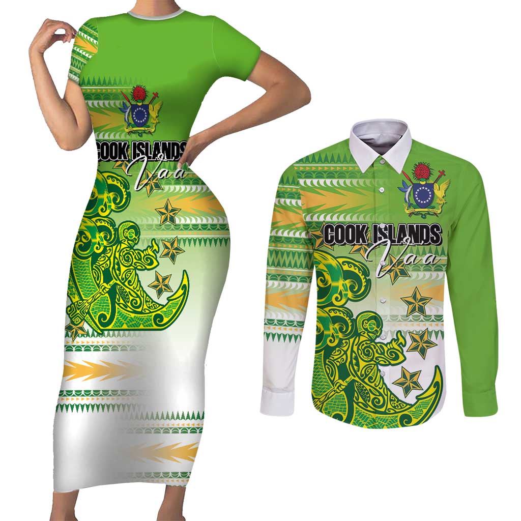 Personalised Cook Islands Va'a Race Couples Matching Short Sleeve Bodycon Dress and Long Sleeve Button Shirt Te Tatau Tattoos Sporty Style Green-White Color - Polynesian Pride