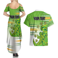 Personalised Cook Islands Va'a Race Couples Matching Summer Maxi Dress and Hawaiian Shirt Te Tatau Tattoos Sporty Style Green-White Color - Polynesian Pride