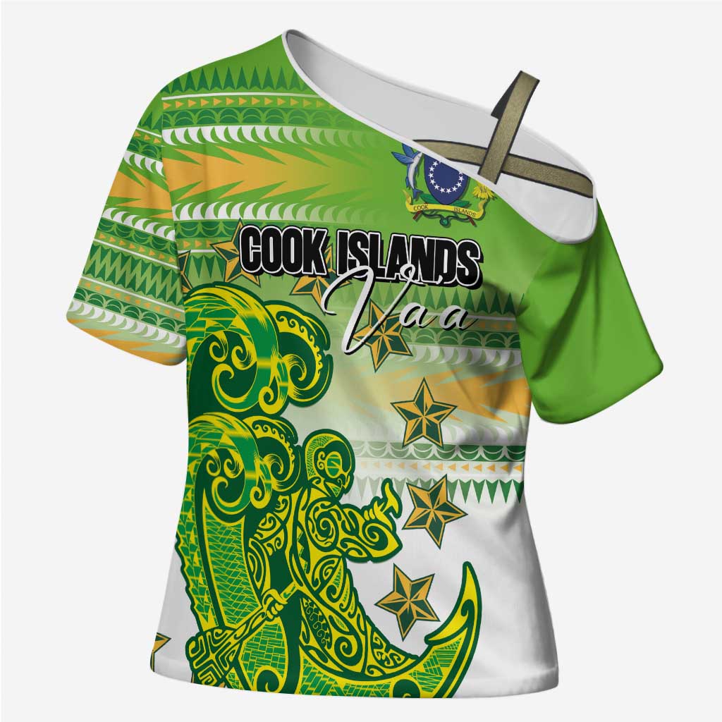 Personalised Cook Islands Va'a Race Cross Shoulder Shirt Te Tatau Tattoos Sporty Style Green-White Color - Polynesian Pride