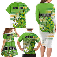 Personalised Cook Islands Va'a Race Family Matching Long Sleeve Bodycon Dress and Hawaiian Shirt Te Tatau Tattoos Sporty Style Green-White Color - Polynesian Pride