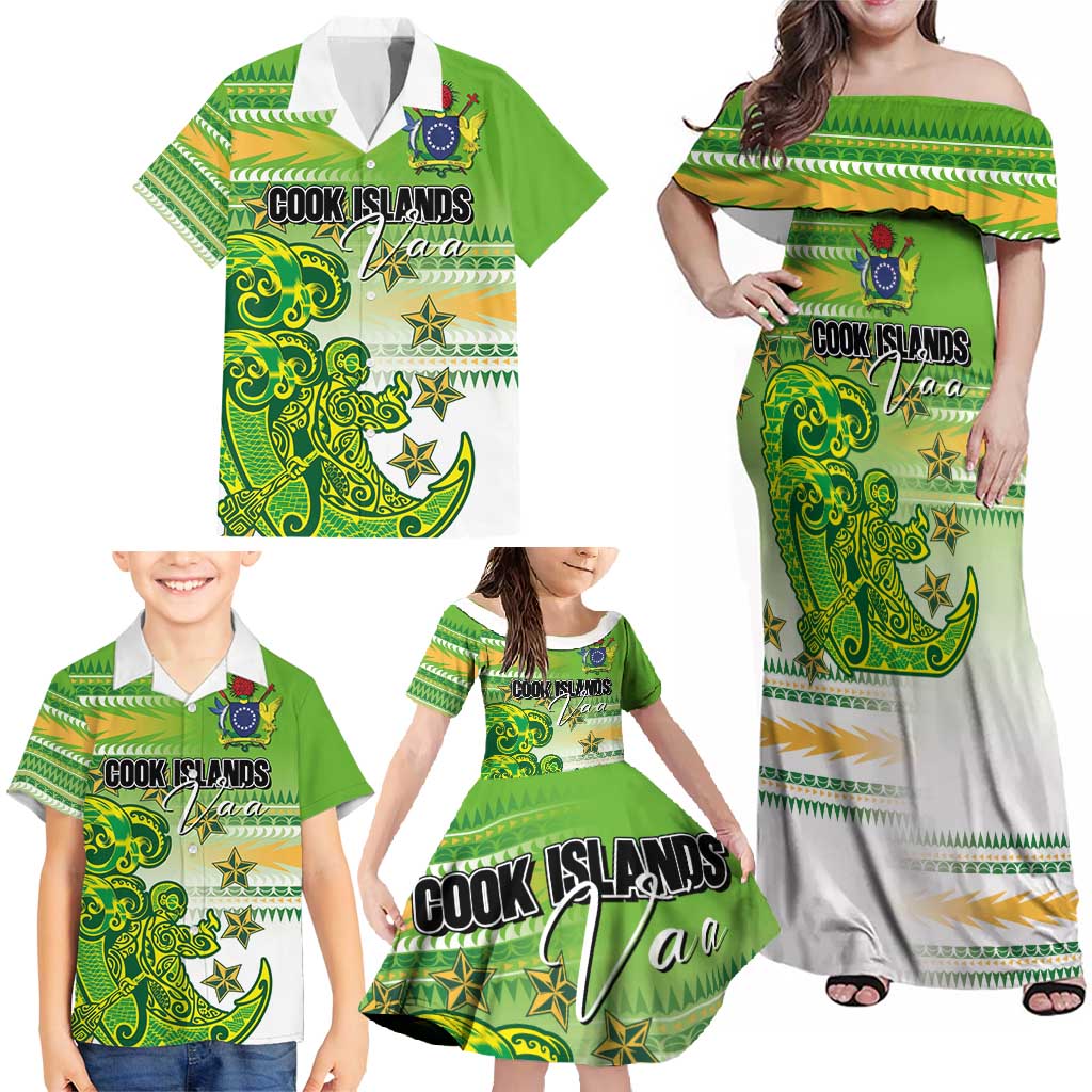 Personalised Cook Islands Va'a Race Family Matching Off Shoulder Maxi Dress and Hawaiian Shirt Te Tatau Tattoos Sporty Style Green-White Color - Polynesian Pride