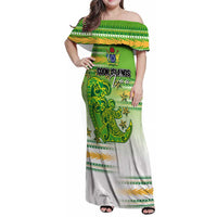 Personalised Cook Islands Va'a Race Family Matching Off Shoulder Maxi Dress and Hawaiian Shirt Te Tatau Tattoos Sporty Style Green-White Color - Polynesian Pride