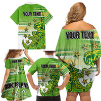 Personalised Cook Islands Va'a Race Family Matching Off Shoulder Short Dress and Hawaiian Shirt Te Tatau Tattoos Sporty Style Green-White Color - Polynesian Pride