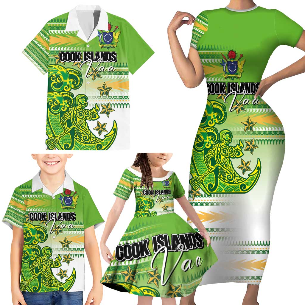 Personalised Cook Islands Va'a Race Family Matching Short Sleeve Bodycon Dress and Hawaiian Shirt Te Tatau Tattoos Sporty Style Green-White Color - Polynesian Pride