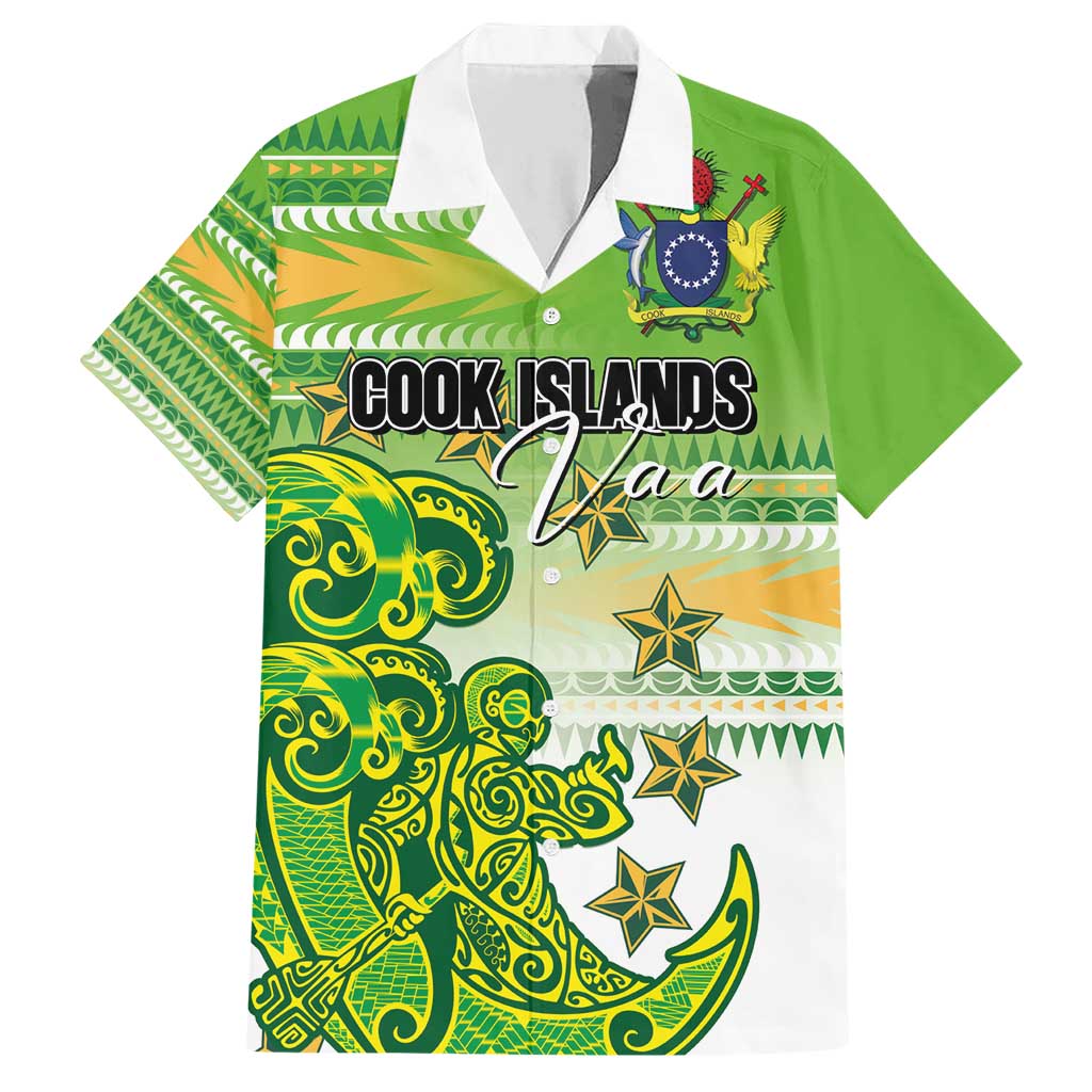 Personalised Cook Islands Va'a Race Family Matching Short Sleeve Bodycon Dress and Hawaiian Shirt Te Tatau Tattoos Sporty Style Green-White Color - Polynesian Pride
