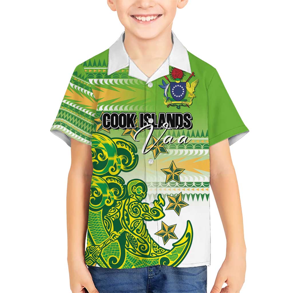 Personalised Cook Islands Va'a Race Kid Hawaiian Shirt Te Tatau Tattoos Sporty Style Green-White Color - Polynesian Pride