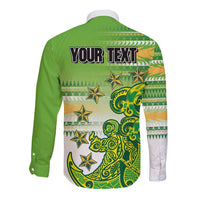 Personalised Cook Islands Va'a Race Long Sleeve Button Shirt Te Tatau Tattoos Sporty Style Green-White Color - Polynesian Pride