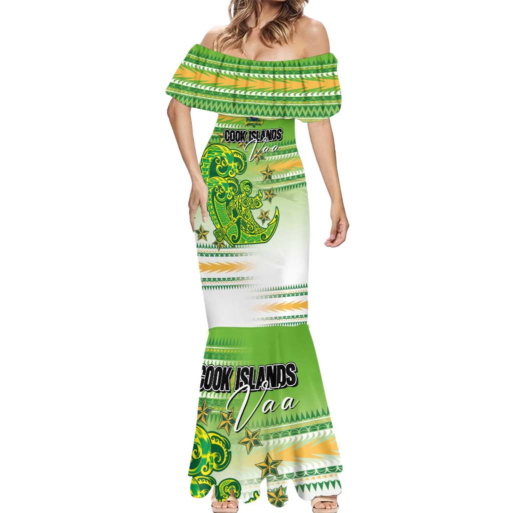 Personalised Cook Islands Va'a Race Mermaid Dress Te Tatau Tattoos Sporty Style Green-White Color - Polynesian Pride