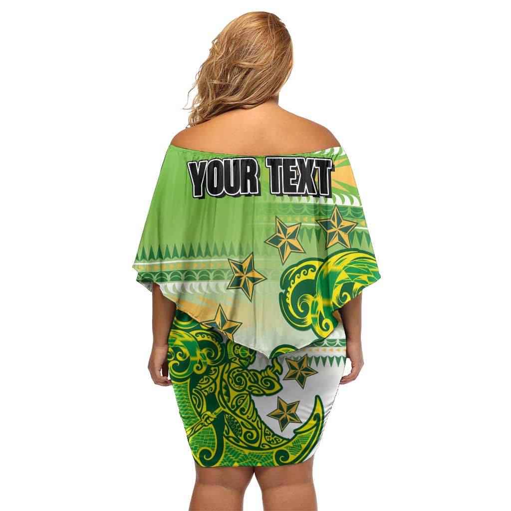 Personalised Cook Islands Va'a Race Off Shoulder Short Dress Te Tatau Tattoos Sporty Style Green-White Color - Polynesian Pride