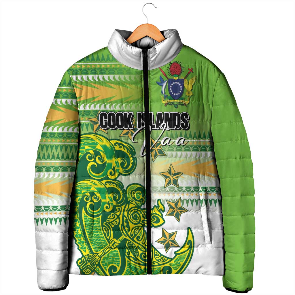 Personalised Cook Islands Va'a Race Padded Jacket Te Tatau Tattoos Sporty Style Green-White Color - Polynesian Pride