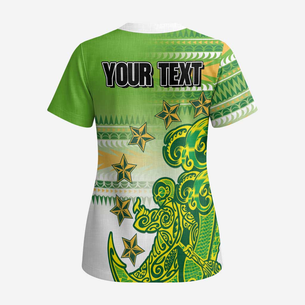 Personalised Cook Islands Va'a Race Scrub Top Te Tatau Tattoos Sporty Style Green-White Color - Polynesian Pride