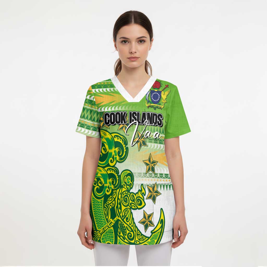 Personalised Cook Islands Va'a Race Scrub Top Te Tatau Tattoos Sporty Style Green-White Color - Polynesian Pride
