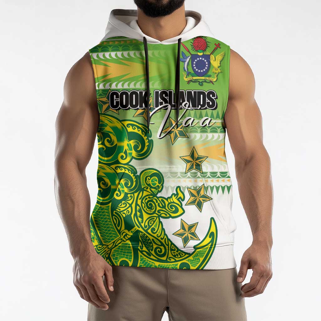 Personalised Cook Islands Va'a Race Sleeveless Hoodie Te Tatau Tattoos Sporty Style Green-White Color - Polynesian Pride