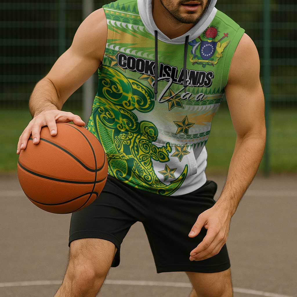 Personalised Cook Islands Va'a Race Sleeveless Hoodie Te Tatau Tattoos Sporty Style Green-White Color - Polynesian Pride