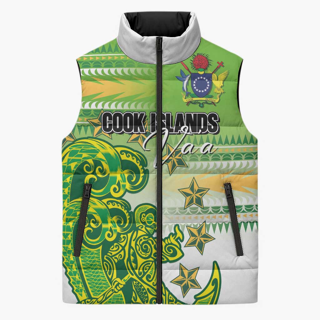 Personalised Cook Islands Va'a Race Sleeveless Puffer Jacket Te Tatau Tattoos Sporty Style Green-White Color - Polynesian Pride