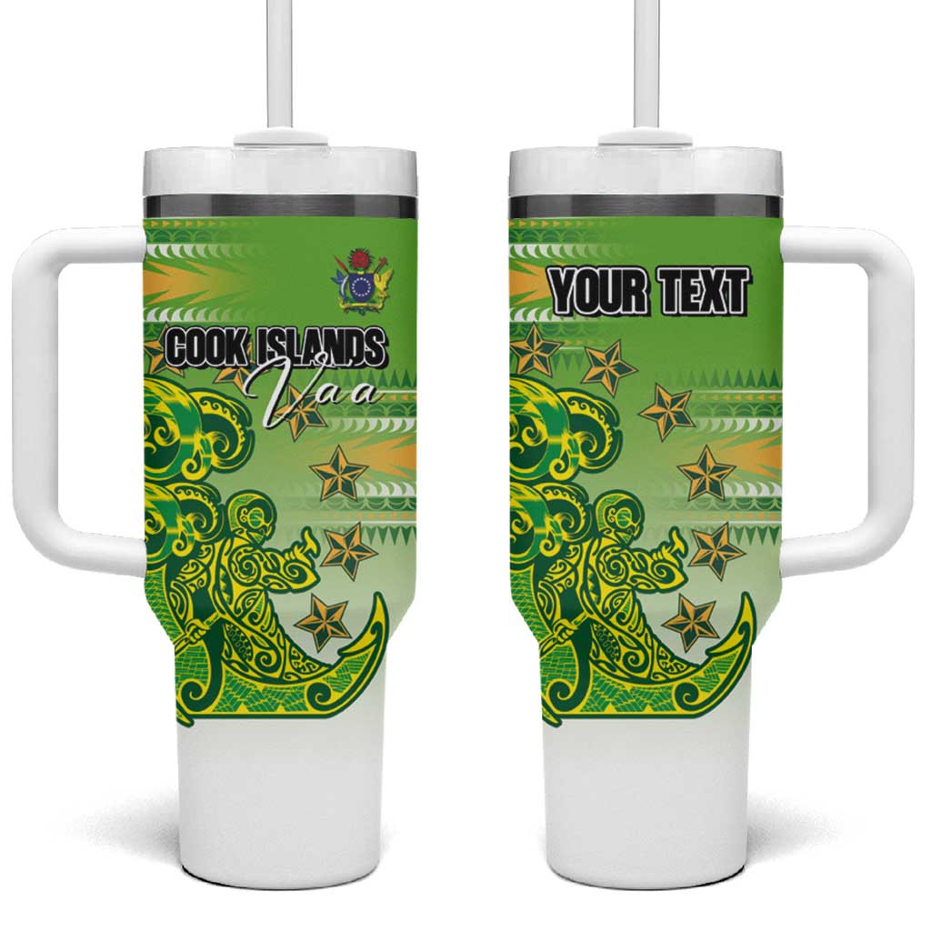 Personalised Cook Islands Va'a Race Tumbler With Handle Te Tatau Tattoos Sporty Style Green-White Color - Polynesian Pride