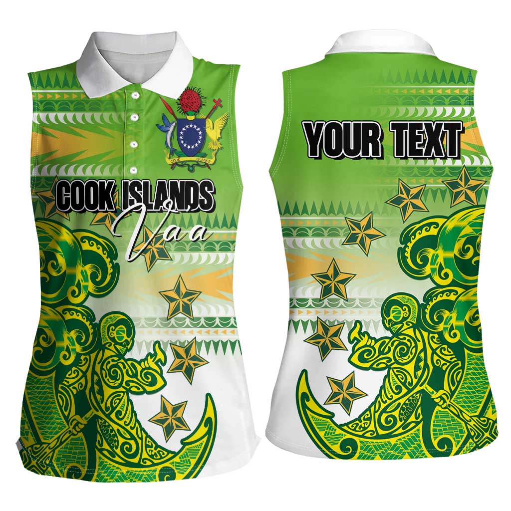 Personalised Cook Islands Va'a Race Women Sleeveless Polo Shirt Te Tatau Tattoos Sporty Style Green-White Color - Polynesian Pride