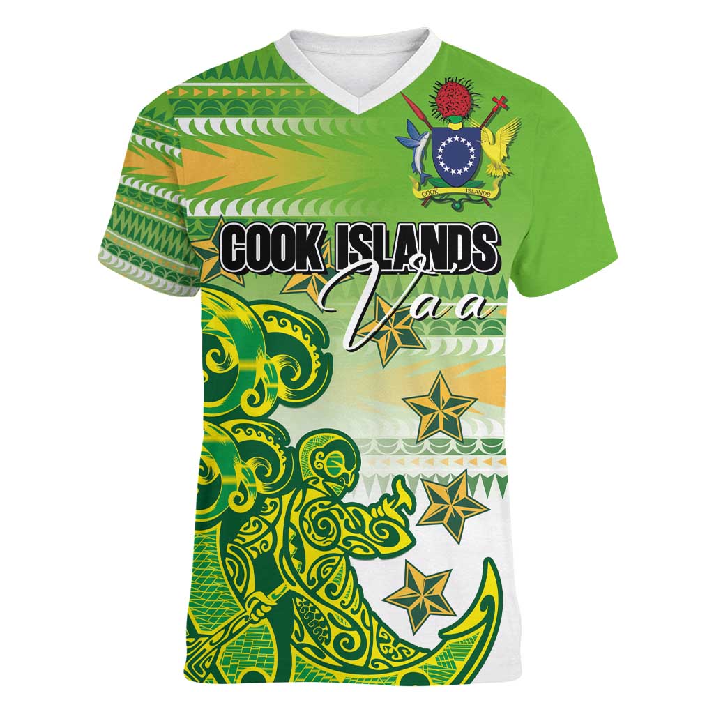 Personalised Cook Islands Va'a Race Women V-Neck T-Shirt Te Tatau Tattoos Sporty Style Green-White Color - Polynesian Pride