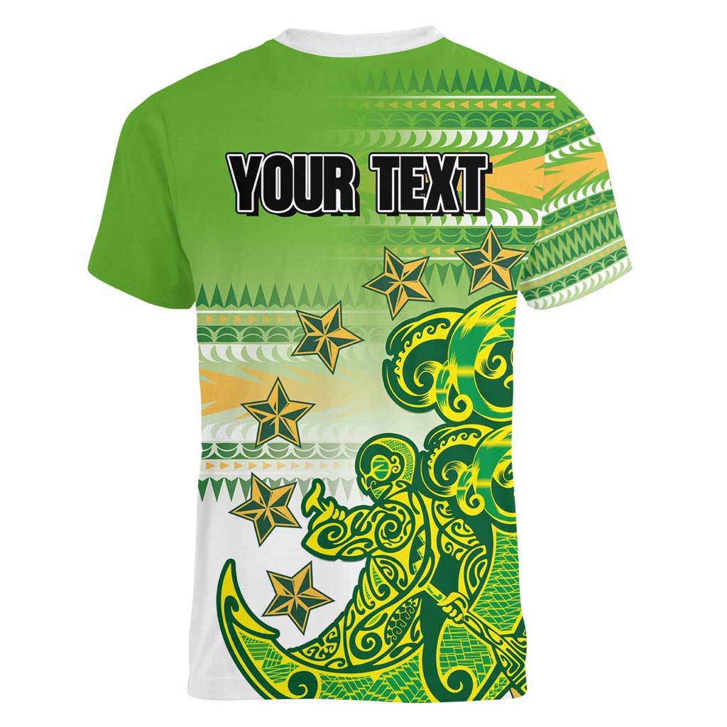 Personalised Cook Islands Va'a Race Women V-Neck T-Shirt Te Tatau Tattoos Sporty Style Green-White Color - Polynesian Pride